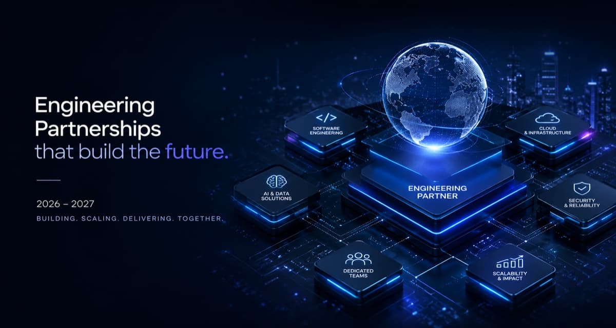 Engineering Partnerships that build the future. 2026-2027. Building, scaling, delivering, together. MIT-DEV engineering partner with software engineering, cloud, AI, security, dedicated teams, scalability blocks.