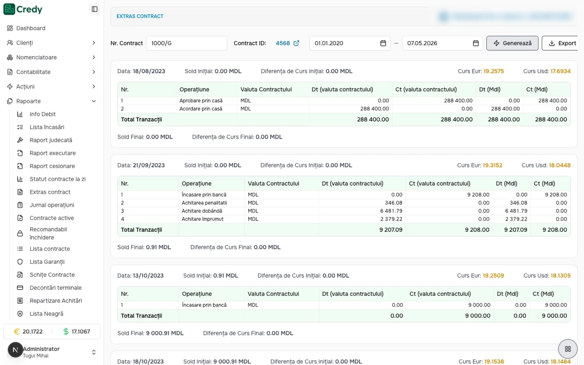 A contract statement listing operations in the contract's currency and in lei