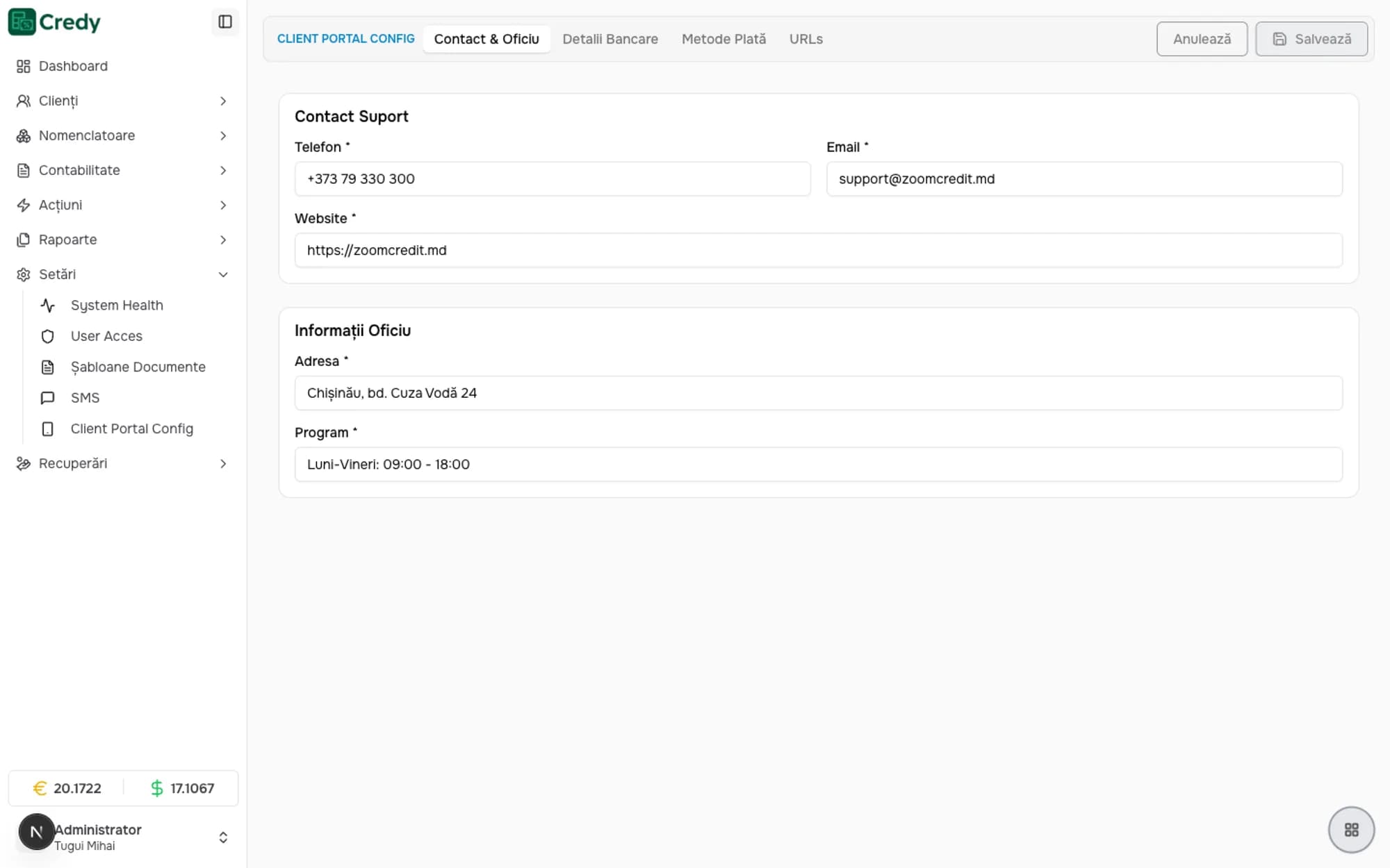 Settings for the client portal in Zoom Credit's brand