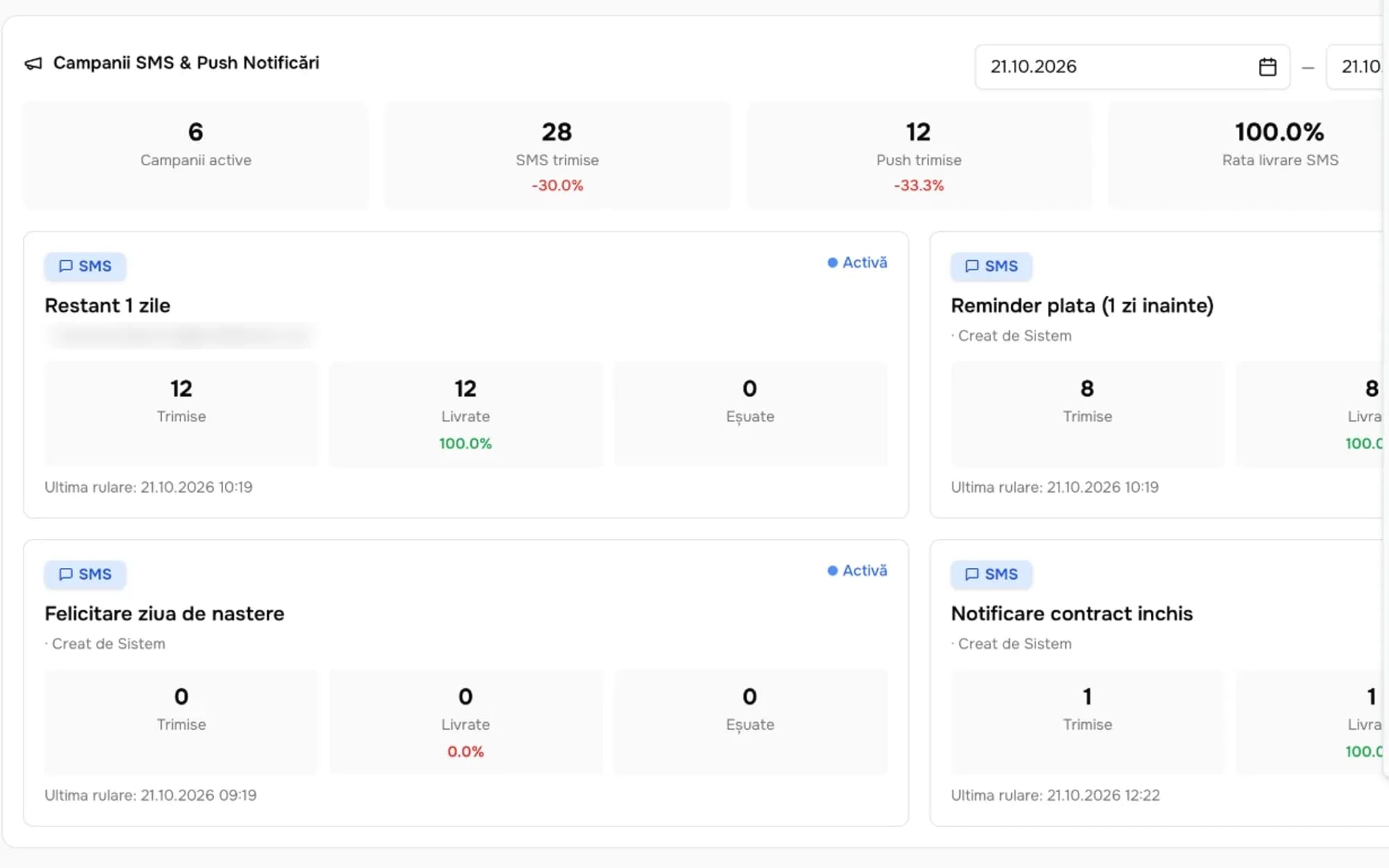 SMS and push campaigns: payment reminders, overdue notices and birthday messages