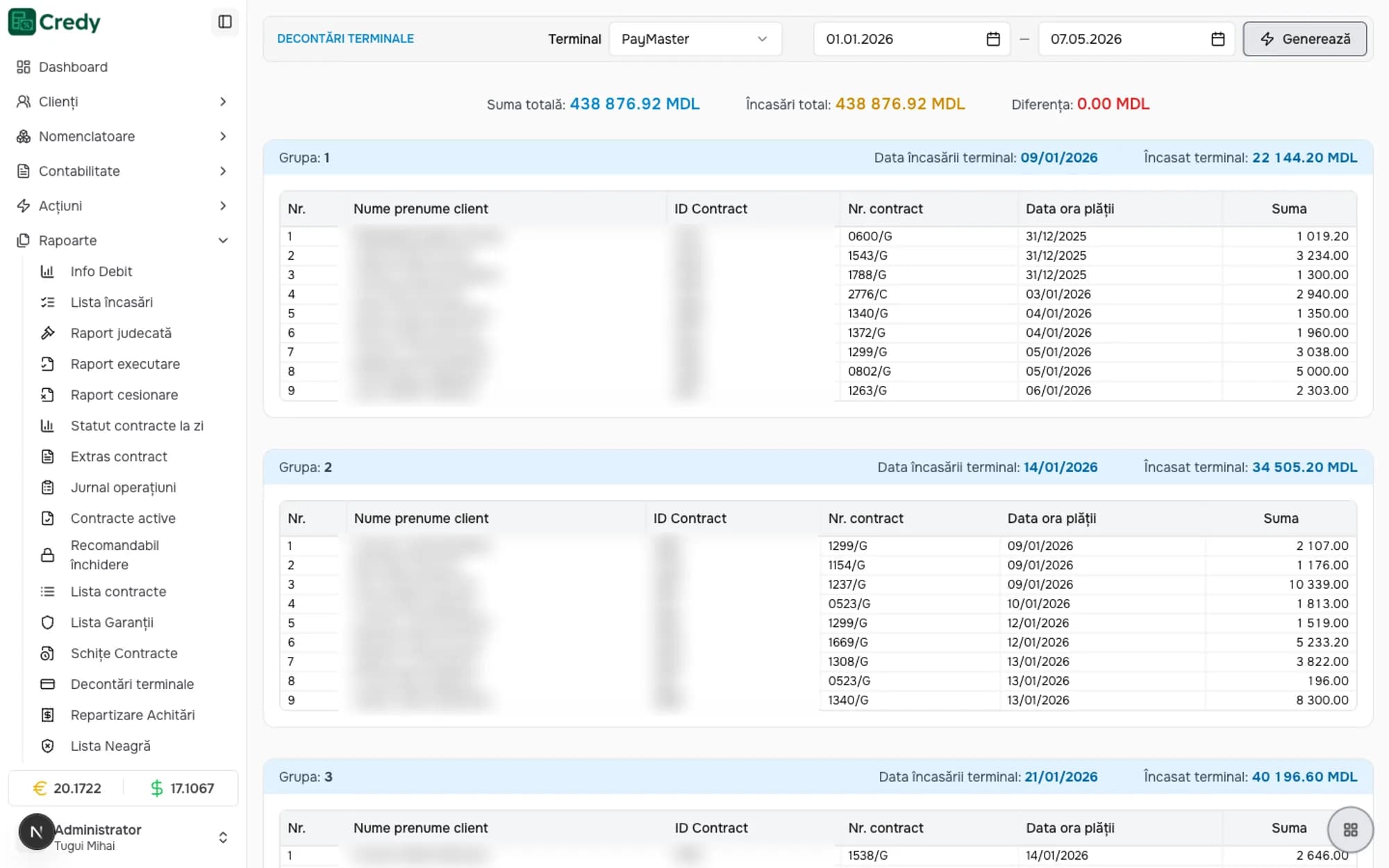 Terminal settlements grouped by day, with the total matching the payments received